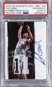 2003-04 UD "Exquisite Collection" Number Pieces Autographs #NP-YM Yao Ming Signed Game Used Patch Card (#04/11) – PSA Authentic, PSA/DNA 9